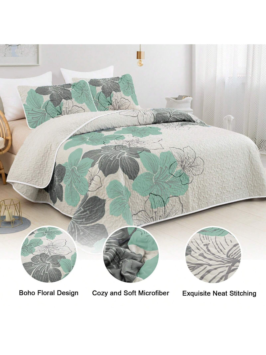 This <a href="https://canaryhouze.com/collections/duvet-cover-set" target="_blank" rel="noopener">Quilt Set</a> combines beautiful green floral design with soft microfiber fabric for a cozy and stylish bedding option. The 3-piece set includes a quilt, pillowcases, and bedspread, creating a complete and comfortable bedding ensemble. Elevate your bedroom with this boho-inspired and easy-to-care-for set.