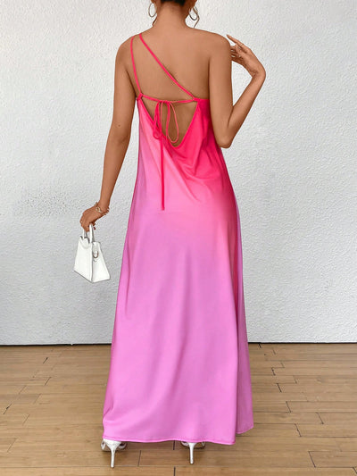 Sunset Serenade: Gradient Backless Single Shoulder Knot Long Dress