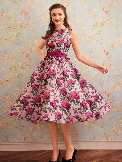 Vintage Rose Dream: Elegant Printed Dress with Bow Belt and Umbrella Skirt