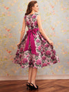 Vintage Rose Dream: Elegant Printed Dress with Bow Belt and Umbrella Skirt