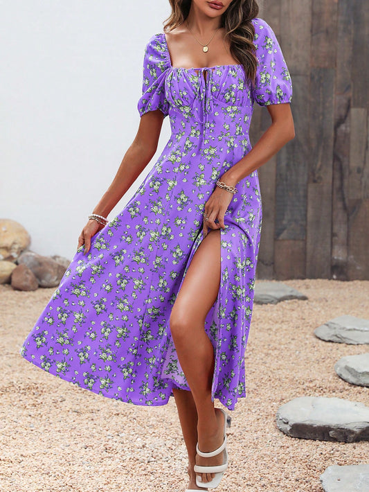 Elevate your vacation style with our Women's Full Flower Printed High Slit Dress. Featuring a stunning floral print and a high slit design, this dress is perfect for any getaway. Feel confident and chic with this vacation ready dress.