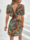 Tropical Vibes: Women's Printed Hollow Out Waist Dress