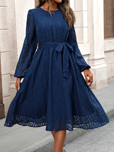 Elegant Solid Lantern Sleeve Belted Dress - Timeless Style for Any Occasion