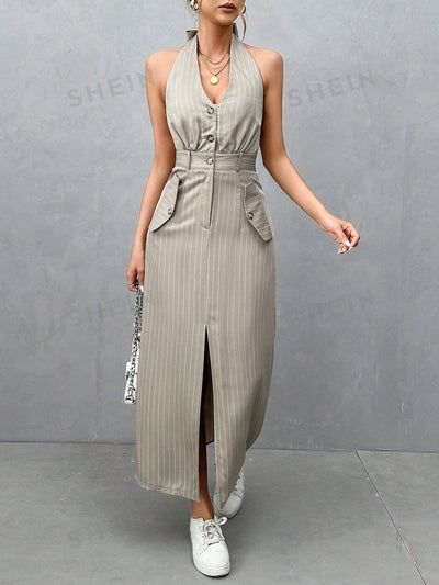 Vertical Striped Chic: Halter Neck Front Split Dress, Sexy dress