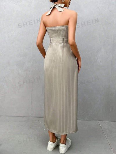 Vertical Striped Chic: Halter Neck Front Split Dress, Sexy dress