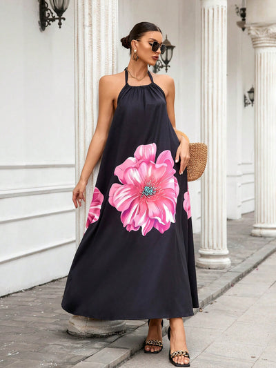 Exquisite Blooms: Women's Floral Print Halter Neck Dress