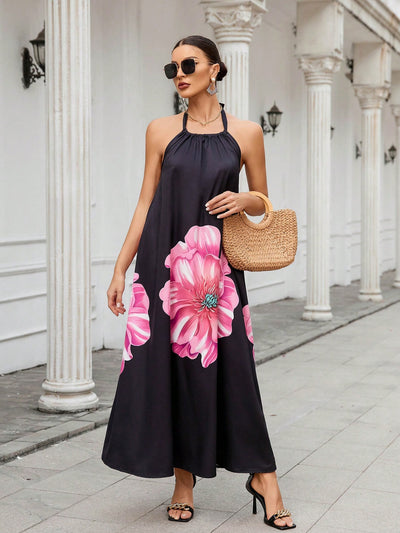 Exquisite Blooms: Women's Floral Print Halter Neck Dress