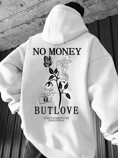 Floral Comfort: Men's Hooded Sweatshirt with Printed Slogan and Flowers