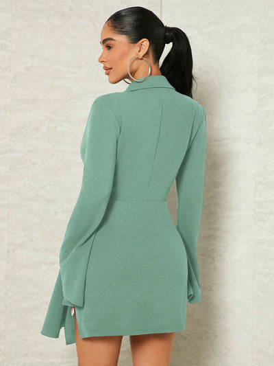 Elegance Redefined: Lapel Collar Ruched Split Hem Dress