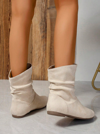 Chic Beige Crinkled Flat Casual Boots for Effortless Style