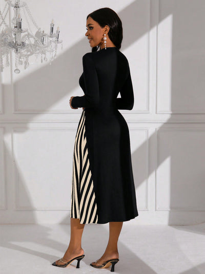 Chic Color Block Striped Long Sleeve Dress for Fashionable Ladies