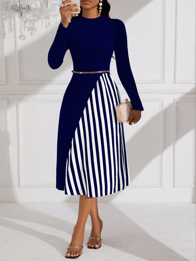 Chic Color Block Striped Long Sleeve Dress for Fashionable Ladies