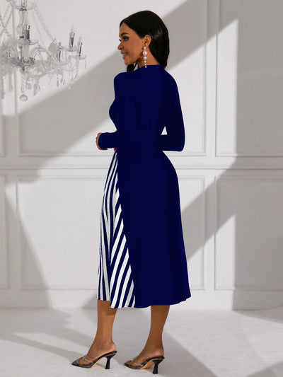 Chic Color Block Striped Long Sleeve Dress for Fashionable Ladies