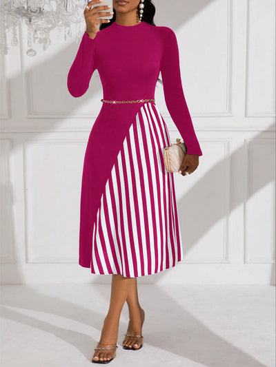 Chic Color Block Striped Long Sleeve Dress for Fashionable Ladies