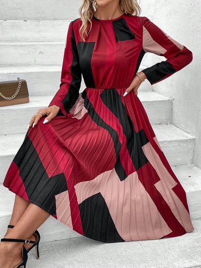 Expertly crafted with a unique geometric pattern, the Geometric Symphony dress is a must-have for any fashion-forward woman. Made with high-quality materials, this dress features elegant pleats and a flattering silhouette. Elevate your style with this beautifully designed dress.