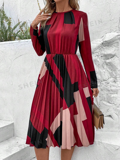 Geometric Symphony: Women's Pleated Dress