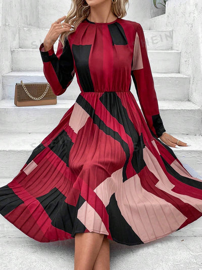 Geometric Symphony: Women's Pleated Dress