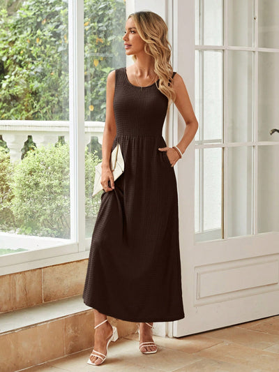 Elegant Solid A-line Dress with Slant Pockets