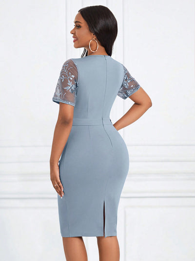 Sequin Sparkle: Lady Contrast Sleeve Ruffle Trim Bodycon Dress