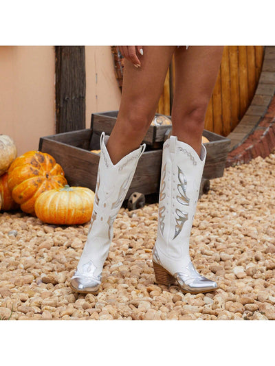 Stunning Silver Metallic Cowboy Boots with Butterfly Embellishments - Authentic Cowgirl Style