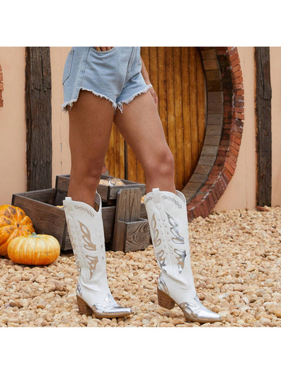 Stunning Silver Metallic Cowboy Boots with Butterfly Embellishments - Authentic Cowgirl Style