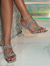 White Crystal Chunky Heel Mule Sandals: Shimmering Sequin Decoration for Parties, Festivals, and Weddings