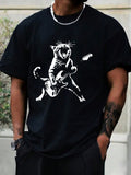 As a product expert, I introduce you to Rockin' Feline: Men's Cat Playing Guitar Printed T-Shirt. This shirt features a stylish design of a guitar-playing cat, perfect for cat lovers and music enthusiasts. Made with premium-quality fabric, this shirt offers comfort and durability. Upgrade your wardrobe with this unique and eye-catching addition.