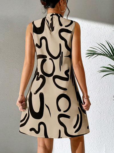 Chic Sleeveless Stand Collar Dress: Classic Women's Style with Printed Patterns