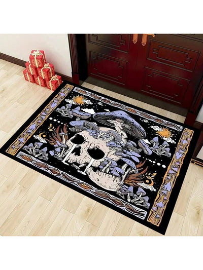 Gothic Glamour: Crystal Velvet Skull Pattern Living Room Carpet for Halloween Home Decorations