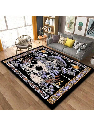 Gothic Glamour: Crystal Velvet Skull Pattern Living Room Carpet for Halloween Home Decorations