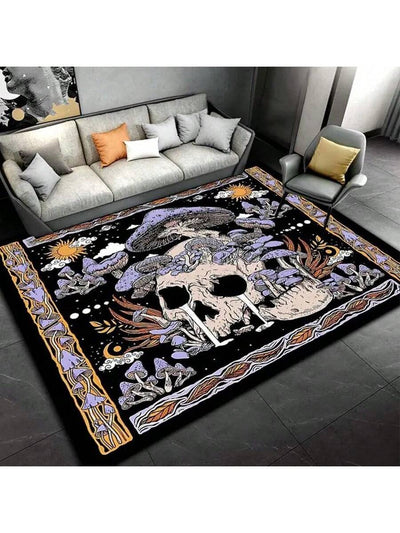 Gothic Glamour: Crystal Velvet Skull Pattern Living Room Carpet for Halloween Home Decorations