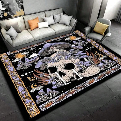 Gothic Glamour: Crystal Velvet Skull Pattern Living Room Carpet for Halloween Home Decorations