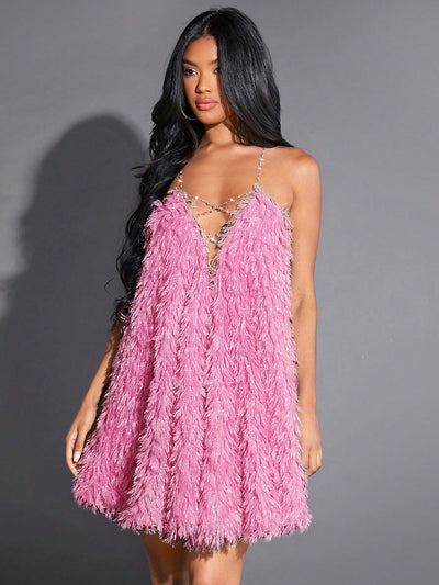 Flirty and Fabulous: Ladies Chain Cross Backless Furry Dress