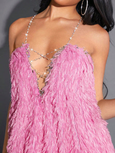 Flirty and Fabulous: Ladies Chain Cross Backless Furry Dress