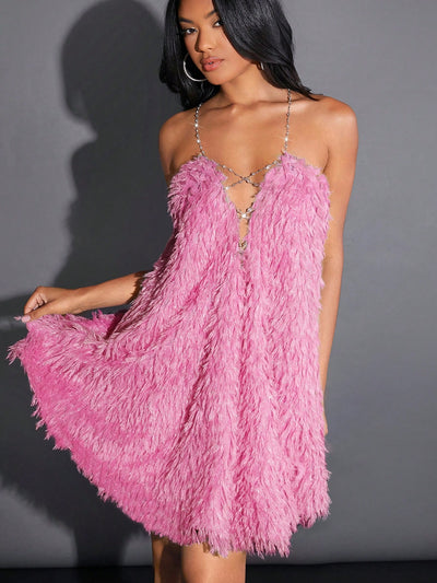 Flirty and Fabulous: Ladies Chain Cross Backless Furry Dress