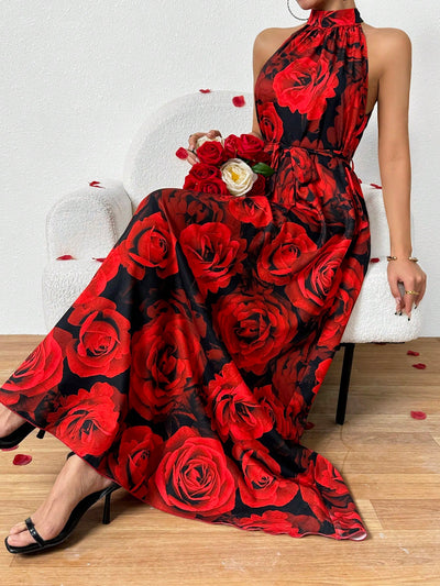 Pretty in Print: Summer Large Rose Print Halter Sleeveless Long Dress for Women