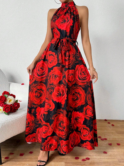 Pretty in Print: Summer Large Rose Print Halter Sleeveless Long Dress for Women