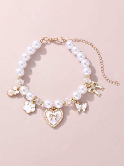 Pet Jewelry: Heart Butterfly Pendant Pearl Necklace for Small and Medium Sized Pets