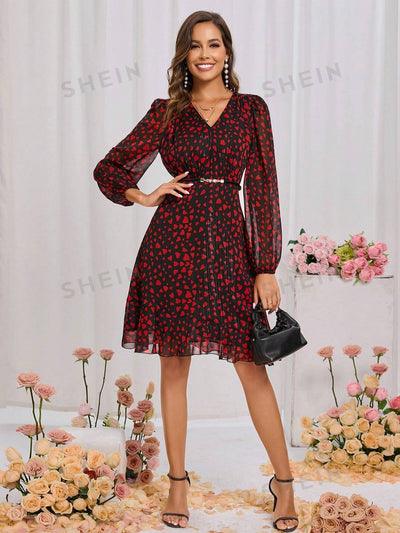 Sweetheart Style: Heart Print Lantern Sleeve Dress