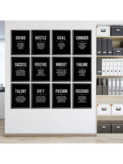 Modern Motivation: 12 Piece Black Canvas Wall Art Set for Home and Office Décor