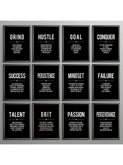 Modern Motivation: 12 Piece Black Canvas Wall Art Set for Home and Office Décor