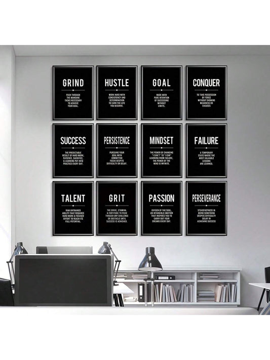 Modern Motivation: 12 Piece Black Canvas Wall Art Set for Home and Office Décor