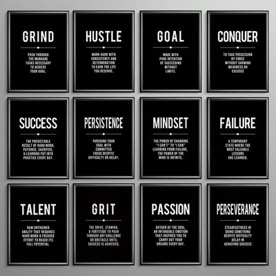 Modern Motivation: 12 Piece Black Canvas Wall Art Set for Home and Office Décor