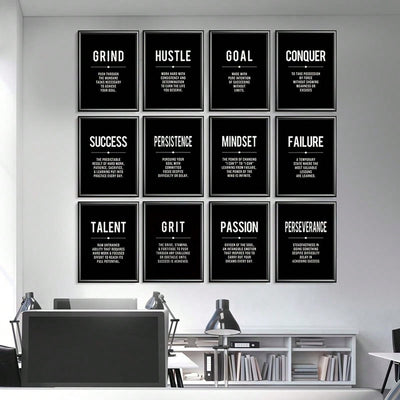 Modern Motivation: 12 Piece Black Canvas Wall Art Set for Home and Office Décor