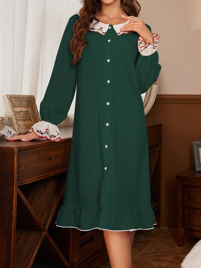 Mint Green Lace Sleeves: Women's Embroidered Pajama Night Dress