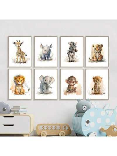 Enhance your nursery with our 8-piece Canvas Poster Modern Art Animal Collection. With a variety of adorable animals, this collection serves as both stylish wall decor and a learning tool. Perfect for bedrooms and fall decorations, it also makes for a thoughtful gift.