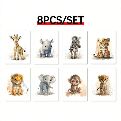 8-Piece Canvas Poster Modern Art Animal Collection for Nursery Wall Decor - Ideal Gift for Bedroom and Fall Decor