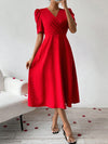 Effortlessly Chic: Solid Color V-Neck A-Line Dress with Waist Belt