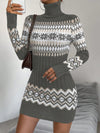 Stay Cozy and Chic in our Geo Pattern Turtleneck Sweater Dress