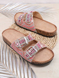 Pink embellished slide sandals with beads sequins and cork-look footbed